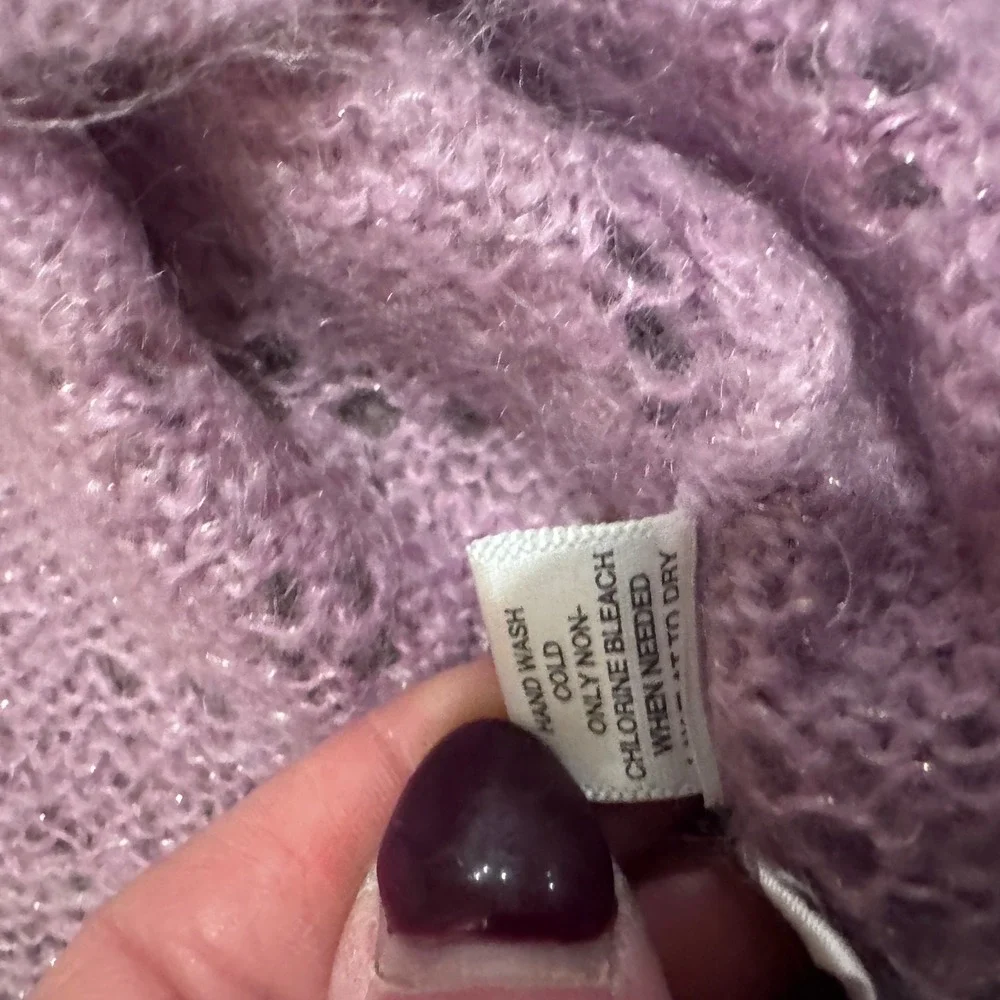 Vintage Lavender Mohair Wool Pointelle Scalloped Off Shoulder 90s Y2K Sweater XS - Picture 5 of 7